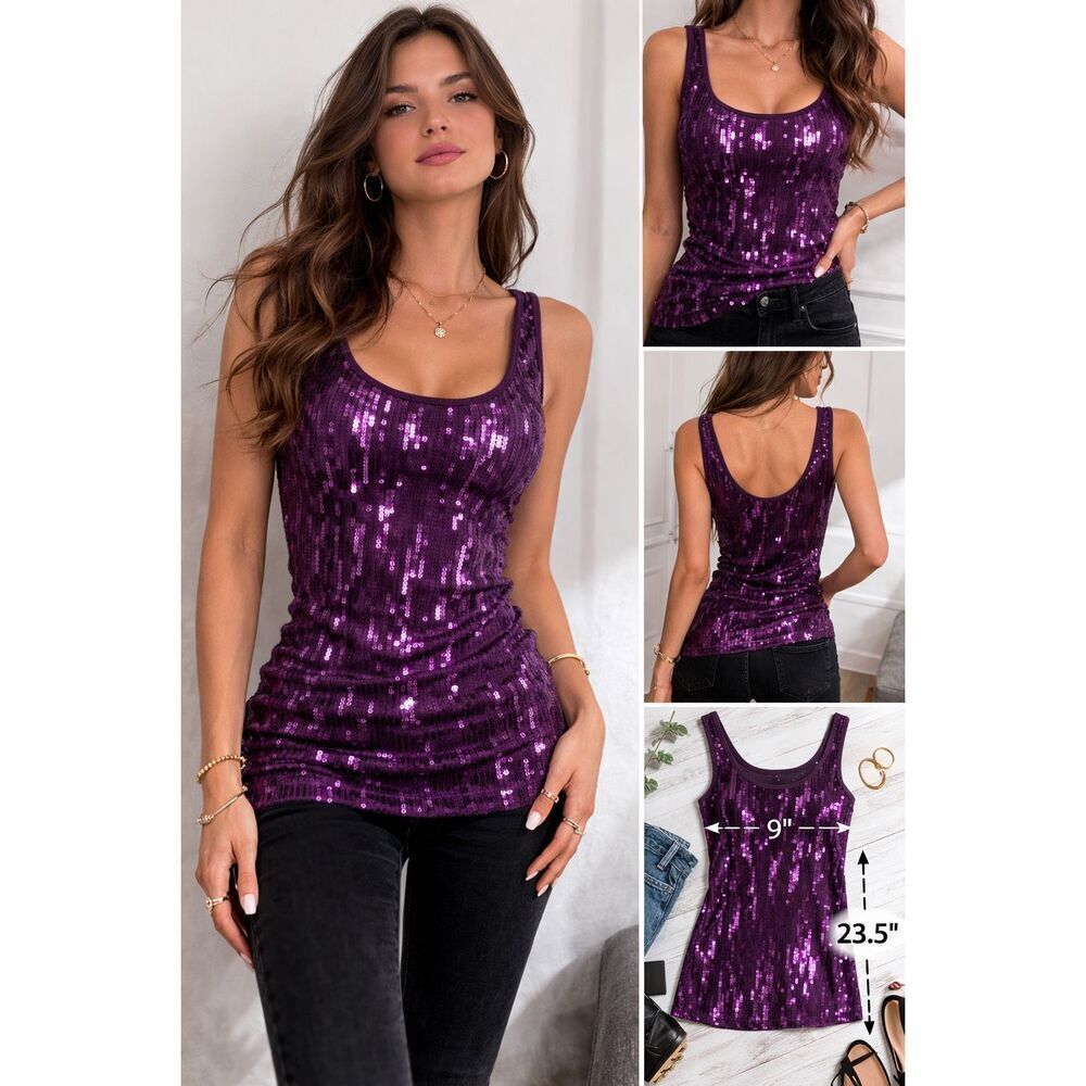 Express Purple Sequin Ribbed Tank Top Women XS Party Club
